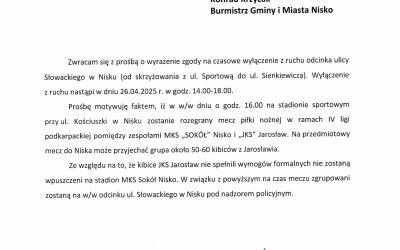 Informacja o czasowym wyłączeniu z ruchu odcinka ulicy Słowackiego w Nisku